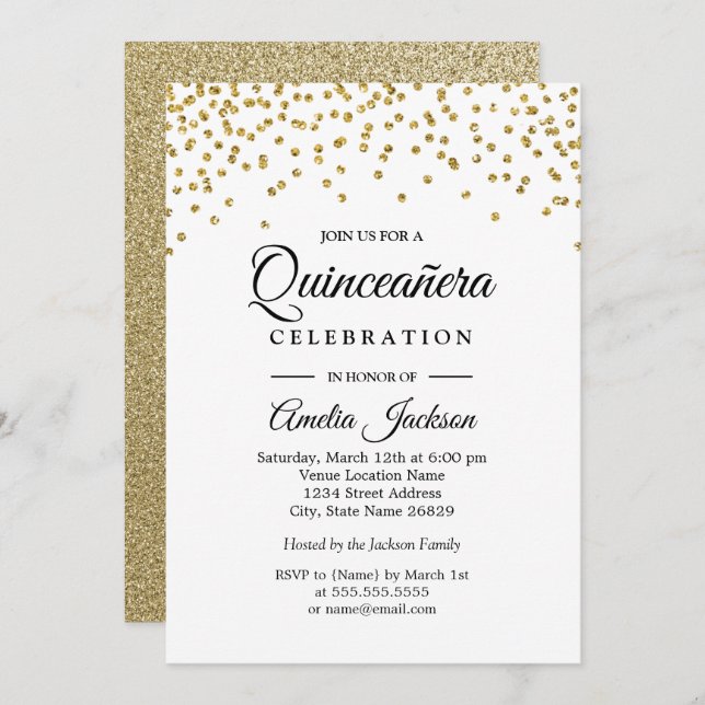 Gold Sparkle Confetti Quinceanera Einladung (Vorne/Hinten)