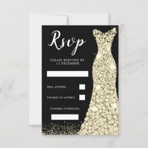 Gold Sparkle Dress Birthday Party Bridal Black RSVP Karte
