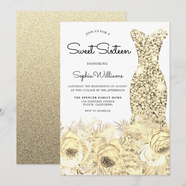 Gold Sparkle Dress & Blume Sweet 16 Party Einladung (Vorne/Hinten)