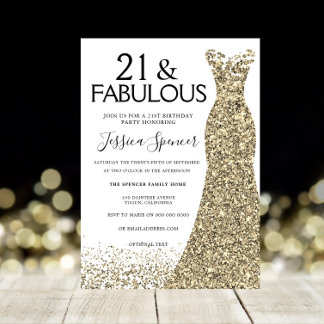 Gold Sparkle Dress Girls 21. Geburtstag Party Einladung
