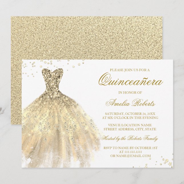 Gold Sparkle Dress Quinceanera Einladung (Vorne/Hinten)