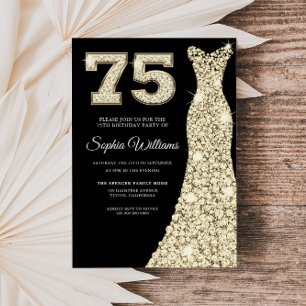 Gold Sparkle Dress Woman Black 75. Geburtstagspart Einladung