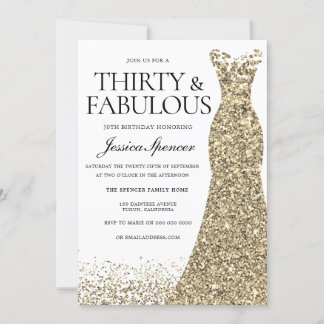 Gold Sparkle Dress Womans 30. Geburtstag Party Einladung