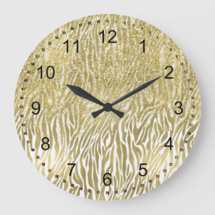 Gold Sparkle Faux Glitter Zebra Print Große Wanduhr