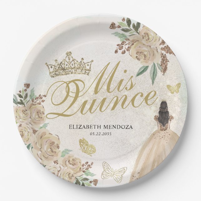 Gold Sparkle Floral Princess Quinceañera Birthday Pappteller (Vorderseite)