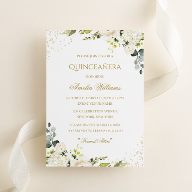 Gold Sparkle Floral Quinceanera Einladung (Von Creator hochgeladen)