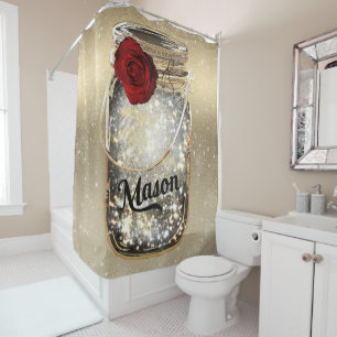 Gold Sparkle Glam Red Rose Mason Jar Duschvorhang