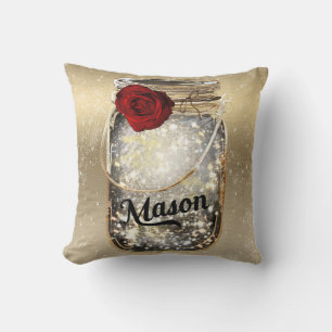 Gold Sparkle Glam Red Rose Mason Jar Kissen
