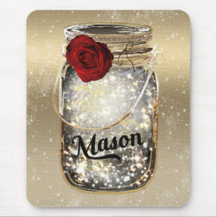 Gold Sparkle Glam Red Rose Mason Jar Mousepad