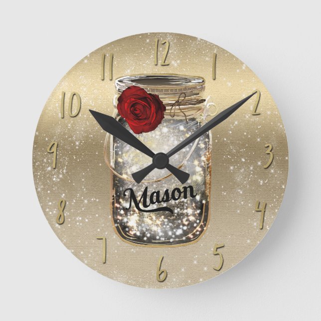 Gold Sparkle Glam Red Rose Mason Jar Runde Wanduhr (Vorderseite)