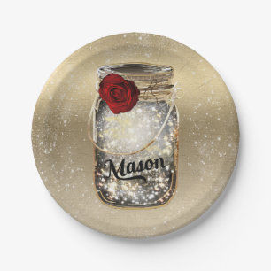 Gold Sparkle Glam Rote Rose Mason Jar Party Pappteller