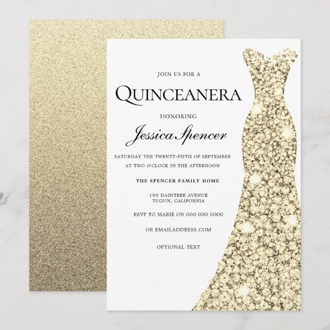 Gold Sparkle Glitzer Dress Quinceanera Einladung (Vorne/Hinten)