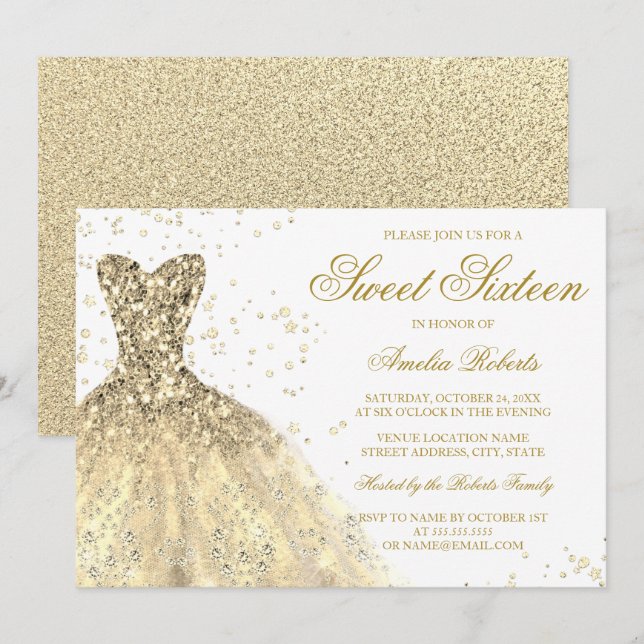 Gold Sparkle Glitzer Dress Sweet 16 Geburtstag Einladung (Vorne/Hinten)