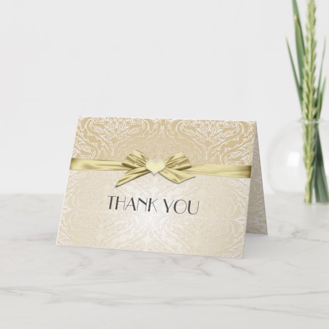 Gold Sparkle Herz Ribbon Damask Danke Karte (Vorderseite)