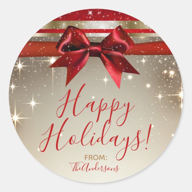 Gold Sparkle Red Bow Elegante Runder Aufkleber (Vorderseite)