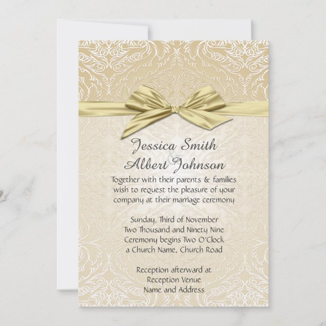 Gold Sparkle Ribbon Damask Wedite Einladung (Vorderseite)