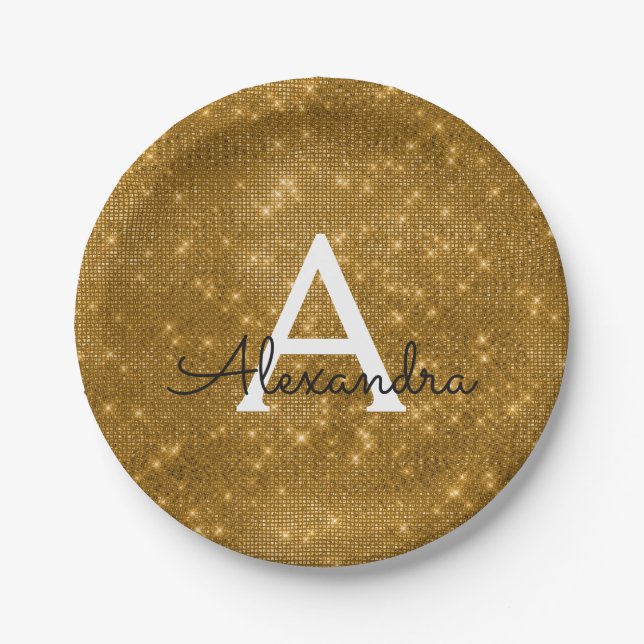Gold Sparkle & Shimmer Monogram Birthday Pappteller (Vorderseite)