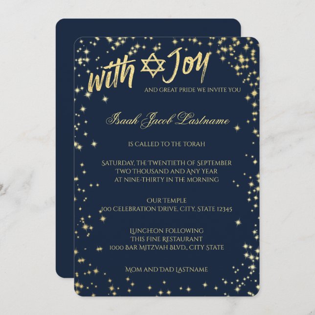 Gold Sparkle Sky Navy Blue Bar Mitzvah Einladung (Vorne/Hinten)