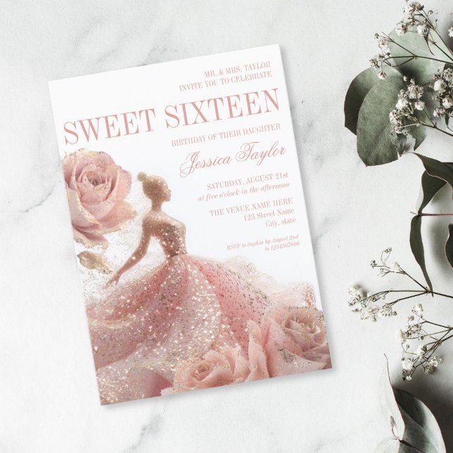 Gold Sparkle Sweet 16 Blush Pink Dress Einladung (blush pink glitter dress with roses sweet sixteen birthday invitation)