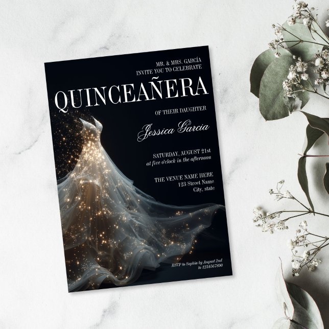 Gold Sparkle Sweet 16 Dress Quinceanera Einladung (elegant white 16th birthday dress with gold sparkles)