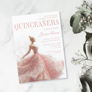 Gold Sparkle Sweet 16 Dress Quinceanera Einladung