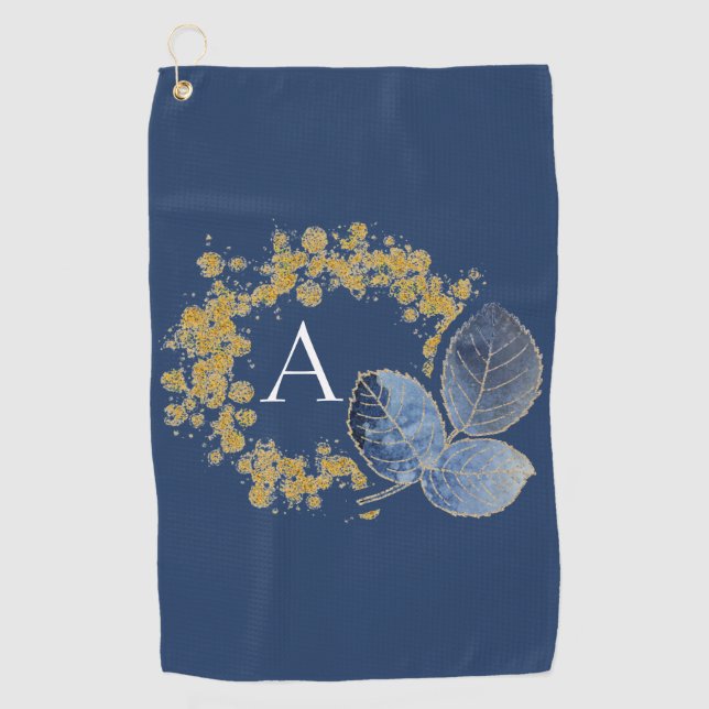 Gold Sparkle und Blue Leaf Monogramm Fügen Sie Ihr Golfhandtuch (Vorderseite)