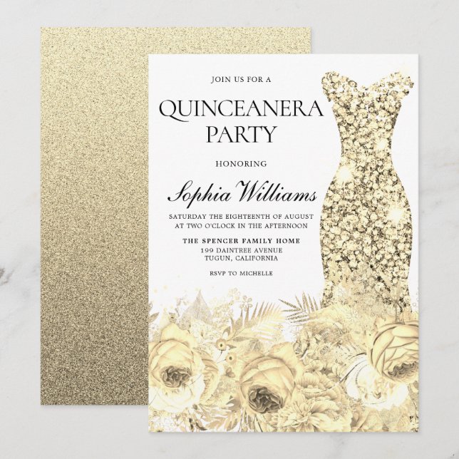 Gold Sparkleider und Blume Quinceanera Party Einladung (Vorne/Hinten)