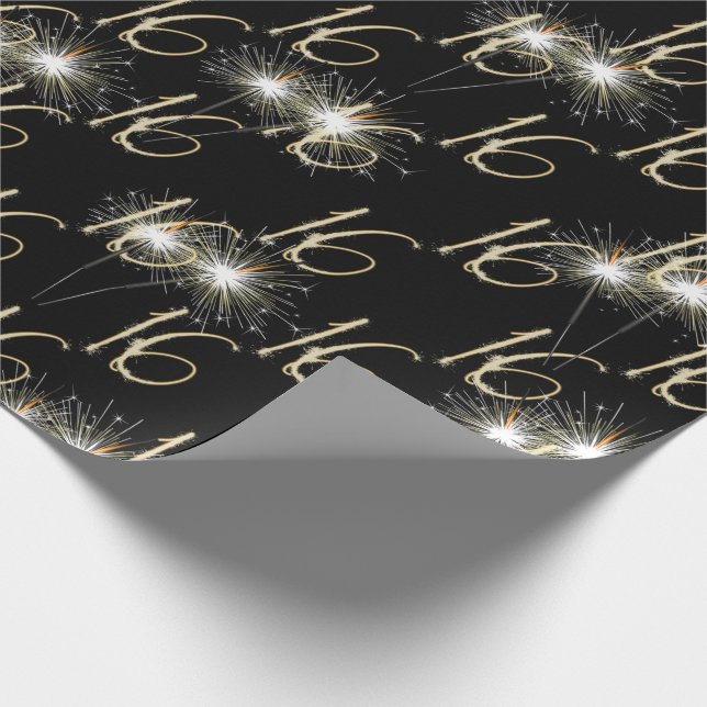 Gold Sparkler zum 16. Geburtstag Geschenkpapier (Ecke)