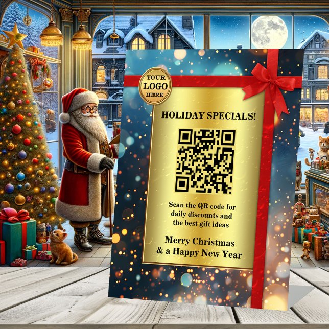 Gold Sparkling Feiertage Sockelschild (Sparkling Christmas business tabletop sign template with a red ribbon on gold. With QR code and logo)