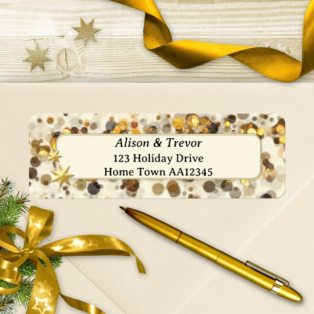 Gold Sparkling Weihnachts-Rücksendeaufkleber (Christmas return address label featuring a whimsical festive design with gold sparkles and stars)