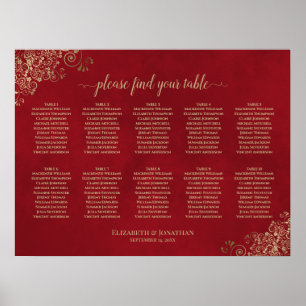 Gold Spitze auf Red 10 Table Wedding Seating Chart Poster