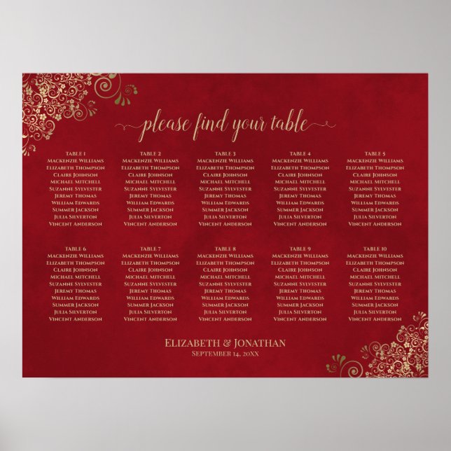 Gold Spitze auf Red 10 Table Wedding Seating Chart Poster (Vorne)