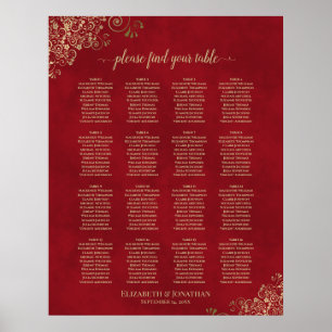 Gold Spitze auf Red 16 Table Wedding Seating Chart Poster