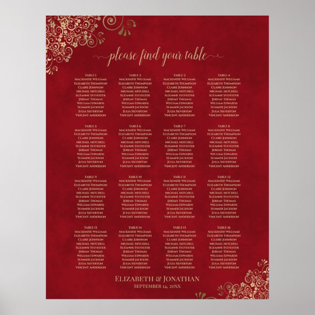 Gold Spitze auf Red 16 Table Wedding Seating Chart Poster (Vorne)