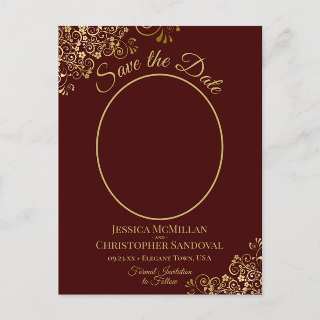 Gold Spitzen auf Auburn Wedding Save the Date Foto Ankündigungspostkarte (Vorderseite)