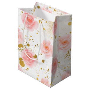 Gold Spritzer Rosa Rosen Aquarell Mittlere Geschenktüte