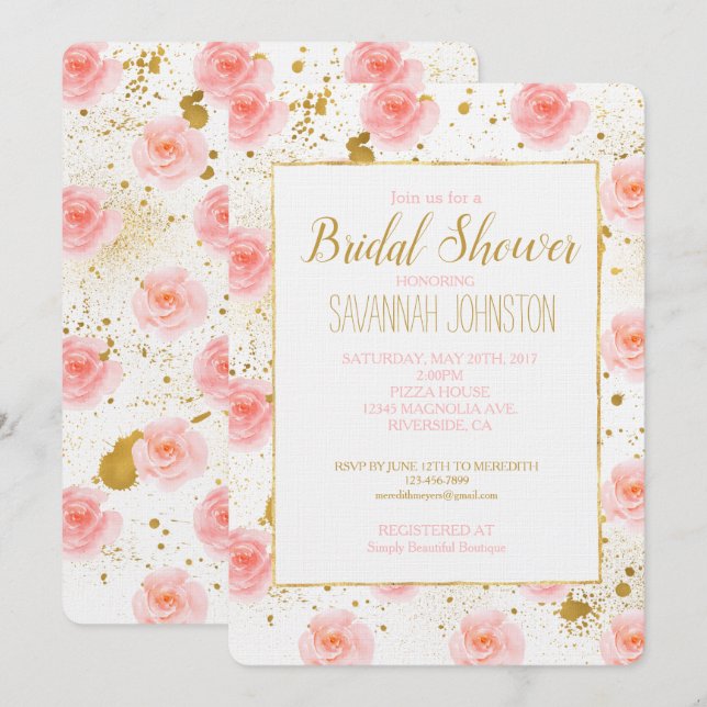 Gold Spritzer Rosa Rosen Brautparty Einladung (Vorne/Hinten)