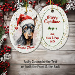 Gold Spritzer Santa Paws Doberman Pinscher Keramik Ornament<br><div class="desc">Ein wunderschönes Aquarellbild eines Doberman Pinscher Hundes mit einem rot-weißen Weihnachtsmann, das vor diesem Holiday-Ornament zu sehen ist. Das Bild wird auf einem weißen Hintergrund mit goldenem Konfetti-Spritzer platziert. Unten steht ein roter Text, der derzeit "Santa Paws" sagt, aber Sie können ihn leicht ändern oder personalisieren. Die Rückseite hat den...</div>