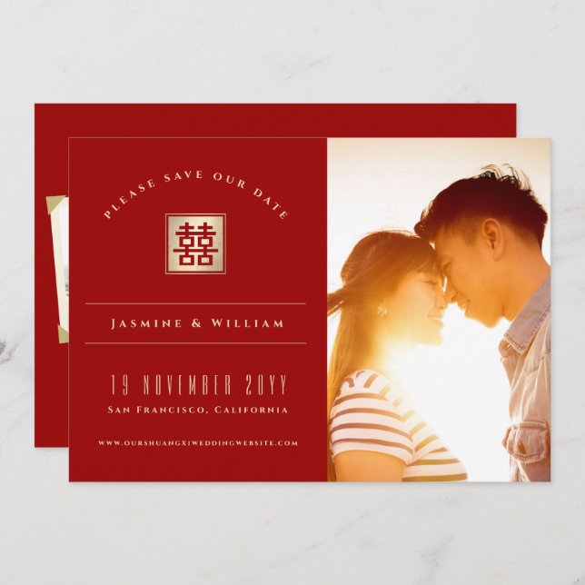 Gold Square Double Happy Chinese Wedding Foto Save The Date (Vorne/Hinten)
