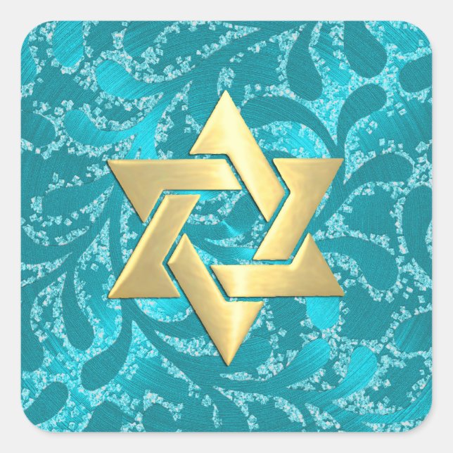 Gold Star Bat Mitzvah Türkise Blue Damask Quadratischer Aufkleber (Vorderseite)