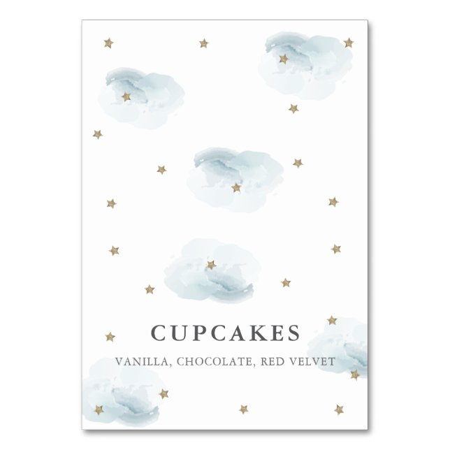 Gold Star & Blue Cloud Baby Dusche Platzkarte Tischnummer (Vorderseite)