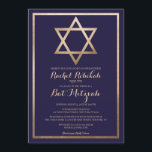 Gold Star Border Bat Mitzvah Hebräischer Name Einladung<br><div class="desc">Diese moderne und elegante Fledermausmitzvah-Einladung mit dem hebräischen Namen ist perfekt für den besonderen Tag Ihres Kindes. Es verfügt über ein Imitat gedruckt Gold-Folie Star of David und Rand auf einem einfachen marineblau Hintergrund mit verzierten kursiven Typografie. Es ist schick, hübsch, minimalistisch und regal. ***WICHTIGE HINWEIS FÜR DESIGN: Für individuelle...</div>