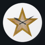 Gold Star Clock Round White Große Wanduhr<br><div class="desc">Modern design with a "shining" gold and white star on white background. Wall clock with a customizable design for you to personalise with your own text, images and ideas. Please note that this is a printed image created using originals fotogras and digital technique, it does not shine or contain real...</div>