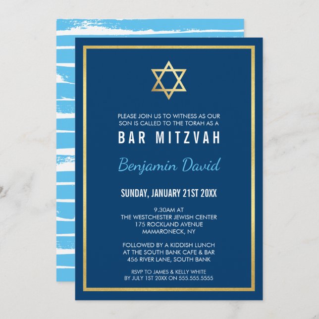 GOLD STAR DAVID Bar mitzvah Modernes Blau Einladung (Vorne/Hinten)