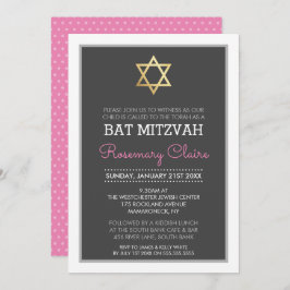 GOLD STAR DAVID bat mitzvah modern grau rosa Einladung