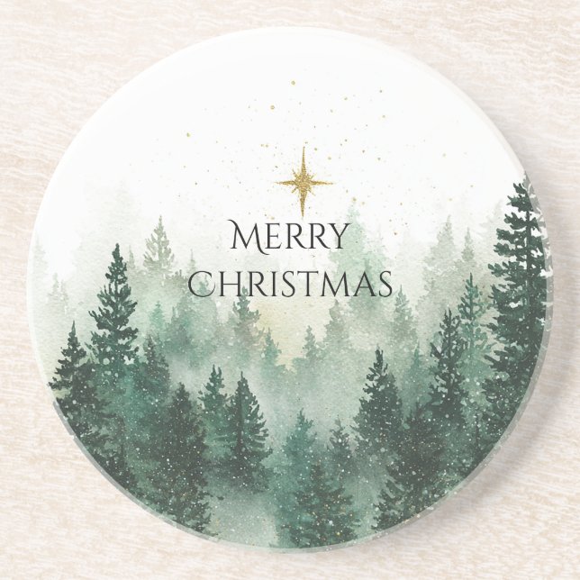 Gold Star Grüne Bäume Weihnachten Getränkeuntersetzer (Vorne)