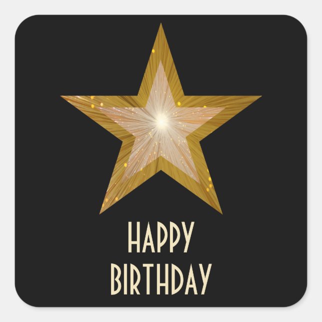 Gold Star "Happy Birthday"-Aufkleber schwarz Quadratischer Aufkleber (Vorderseite)