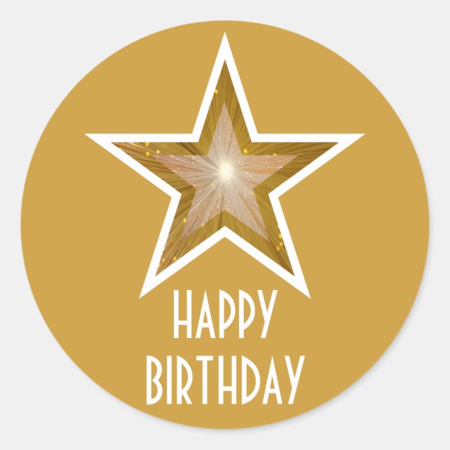 Gold Star "Happy Birthday" Rundaufkleber gelb Runder Aufkleber (Vorderseite)