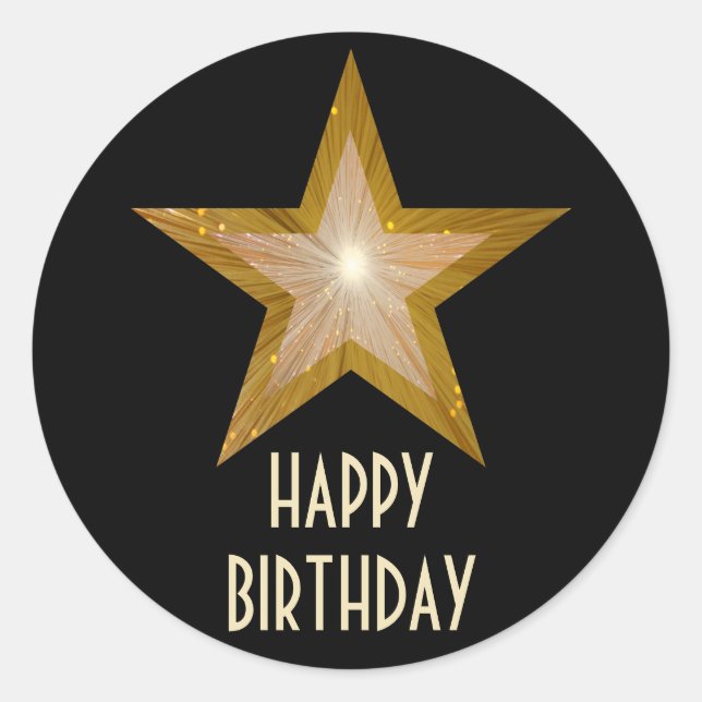 Gold Star "Happy Birthday" Rundaufkleber schwarz Runder Aufkleber (Vorderseite)