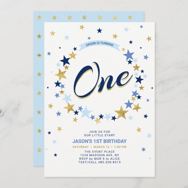 Gold Star | Junge 1. Geburtstag Einladung (Vorne/Hinten)